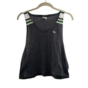 Victorias Secret Pink‎ Racerback Tank Top S Charcoal Gray Striped Shoulder Y2K